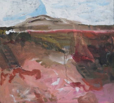 JOANNA COLE Wide Brown Land with Movie Star Pinks 2018 Oil on Board 50x45 $650
